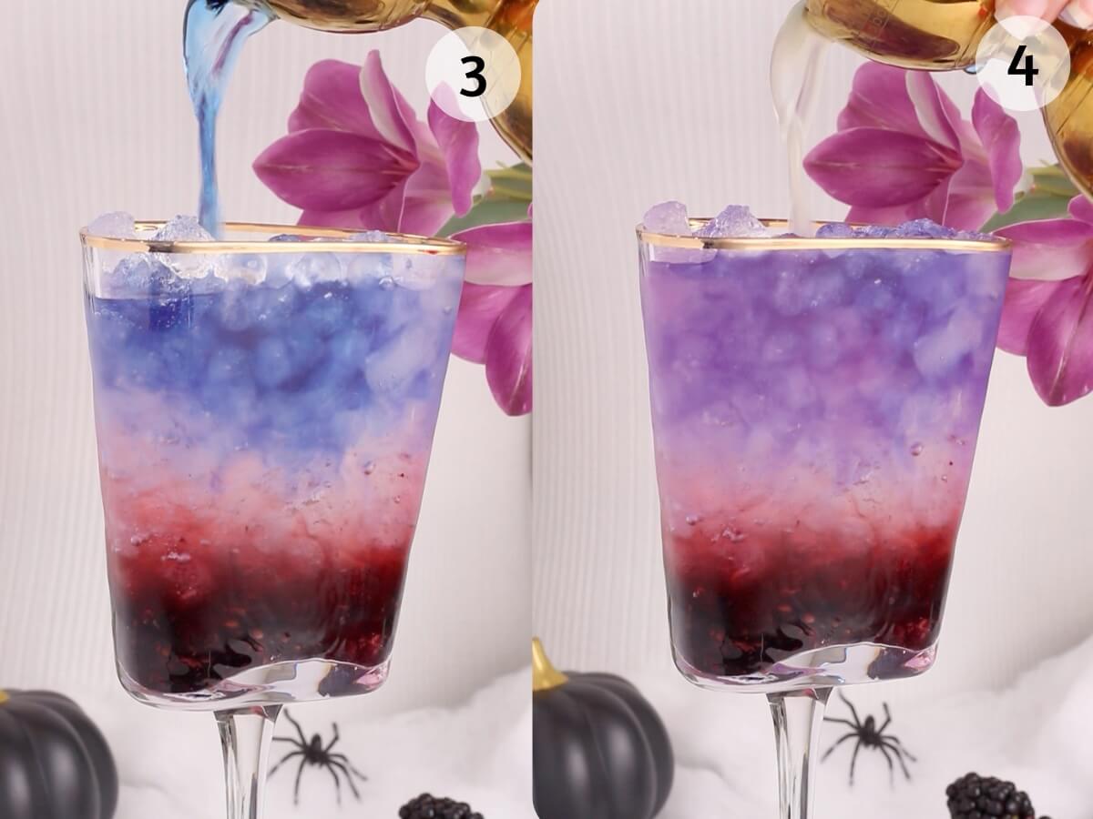 Two glasses with layered drinks are shown side by side. The left image shows blue liquid being poured over a purple, red, and black mix, while the right shows a clear liquid added. Both glasses have purple flowers and Halloween decorations in the background.