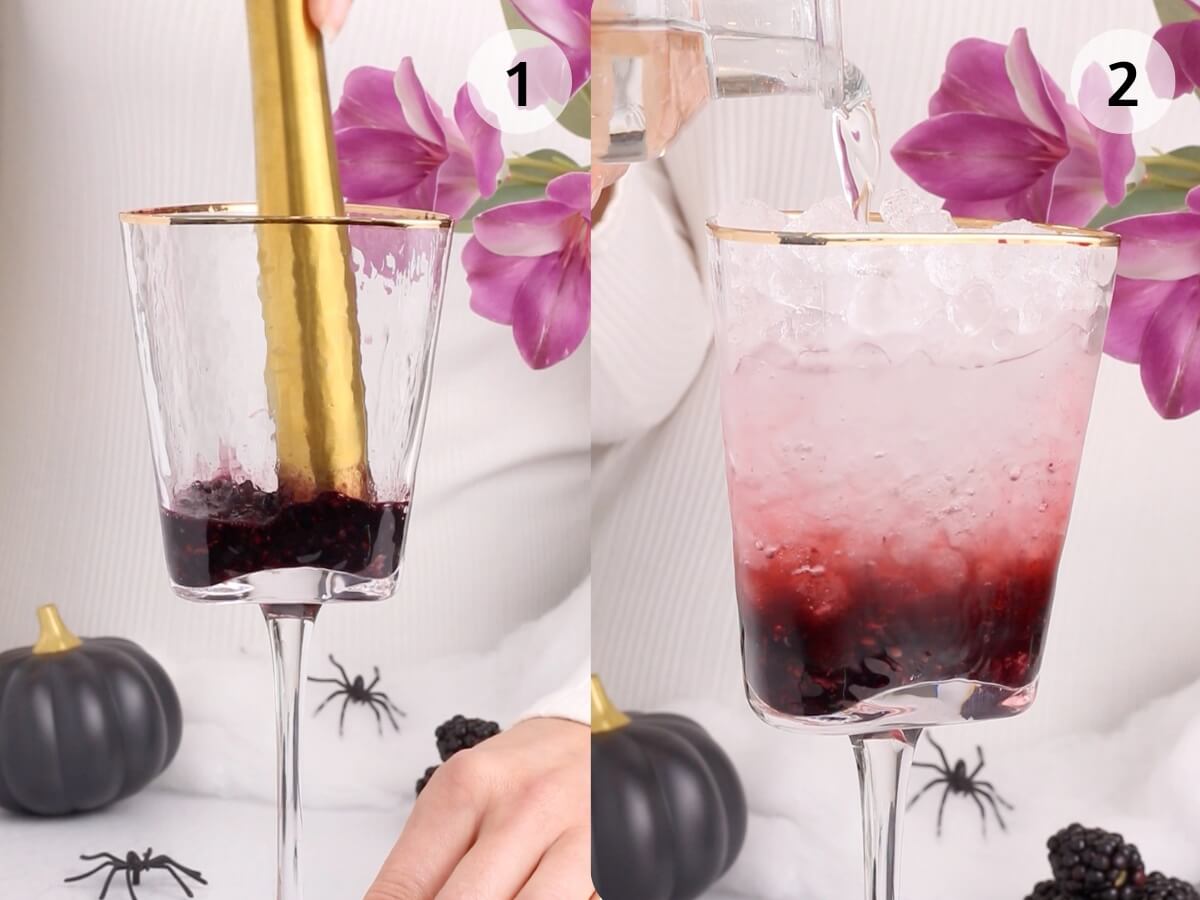 Two-panel image: (1) Hand muddling blackberries in a wine glass; (2) Glass filled with crushed ice as clear liquid is poured over muddled blackberries. Both panels have decorative flowers, black pumpkins, and plastic spiders nearby.