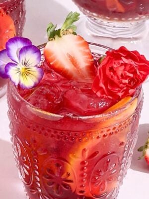 A glass of sparkling hibiscus sangria, garnished with a sliced strawberry, orange slices, a red carnation, and a purple and yellow pansy flower in an ornate glass. Another similar glass and sliced strawberries are in the background.
