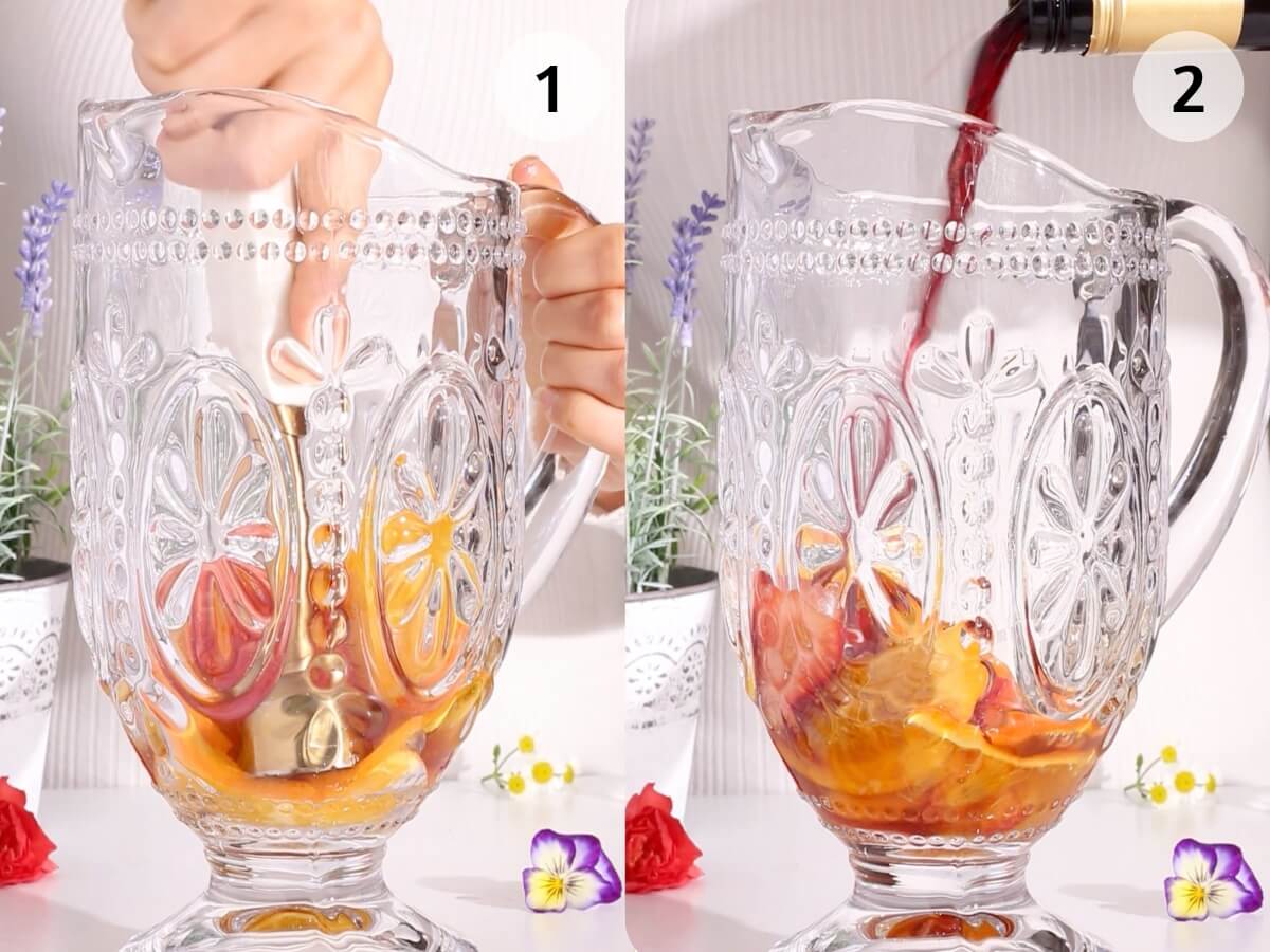 Two-panel image: Panel 1 shows a hand muddling citrus fruits in a decorative glass pitcher. Panel 2 features red wine being poured into the pitcher for sparkling hibiscus sangria. Flowers and plants add charm in the background.