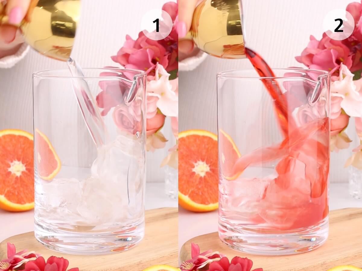 Split image showing two steps in making a drink: on the left, clear liquid is poured over ice in a glass; on the right, red liquid is poured in. Pink flowers and orange slices are nearby.