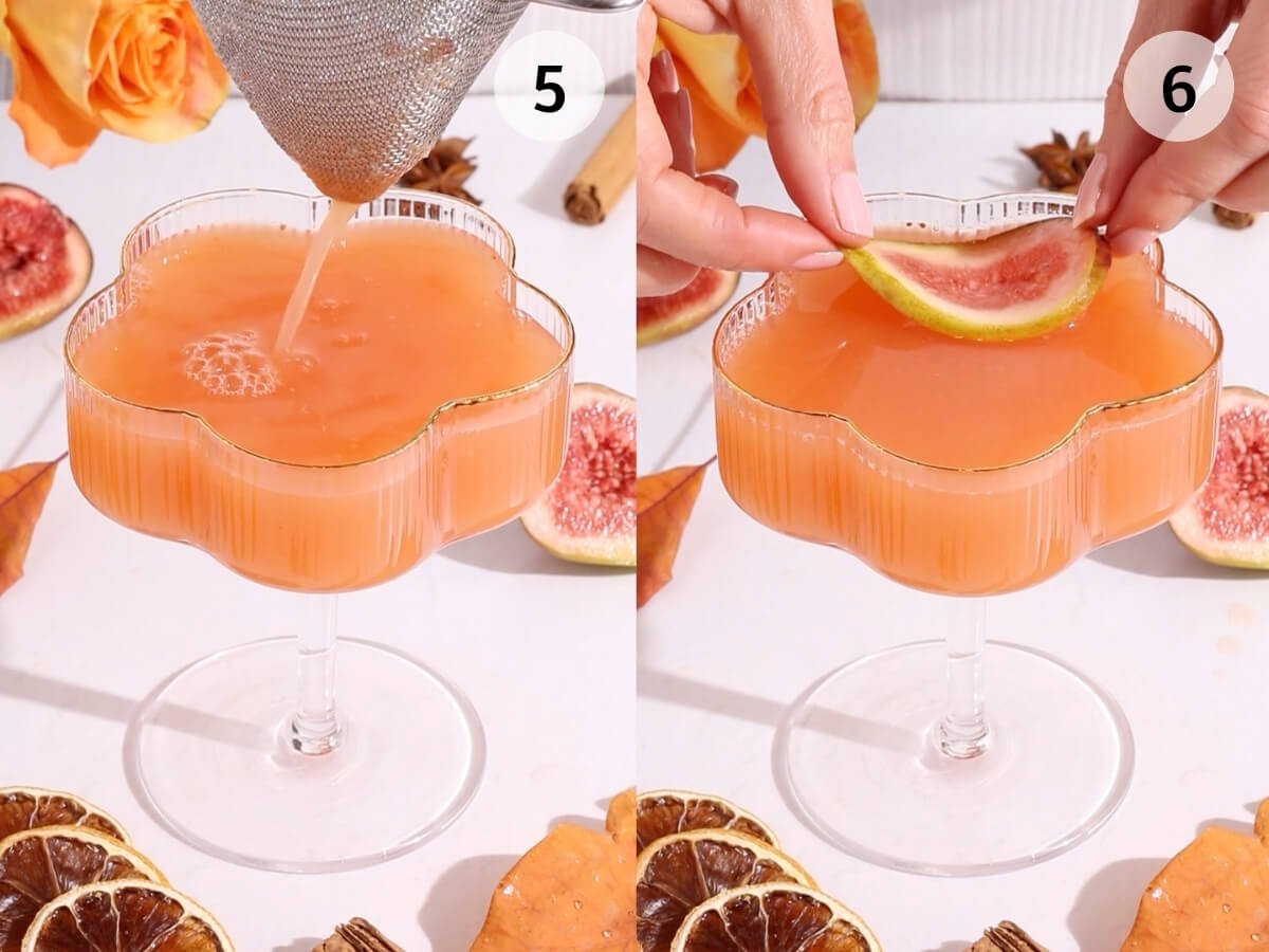 Split image: On the left, a pink-orange drink is being poured through a strainer into a decorative glass. On the right, hands garnish the drink with a slice of fig. Dried citrus and autumn leaves are scattered around.
