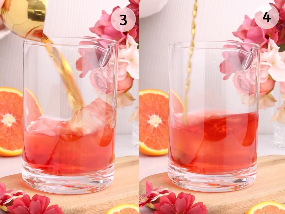 A glass filled with ice and red liquid is being poured with a brownish liquid, surrounded by pink flowers and orange slices; the process is shown in two steps, labeled 3 and 4.
