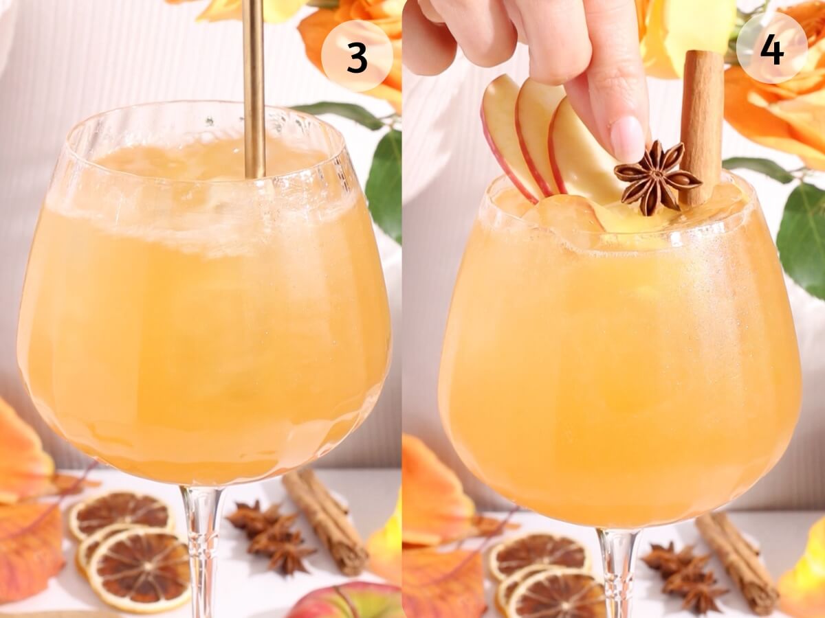 Two side-by-side images of a light orange drink in a large glass. The left shows the drink with a straw, while the right shows a hand adding apple slices, a cinnamon stick, and star anise as garnishes. Autumn decorations are in the background.