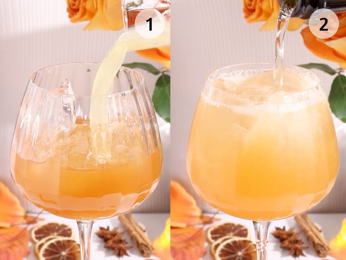 Two-step process: In image 1, orange juice is poured into a glass with ice. In image 2, sparkling beverage is added to the mixture. Both glasses are set against a fall-themed background with autumn leaves and spices.