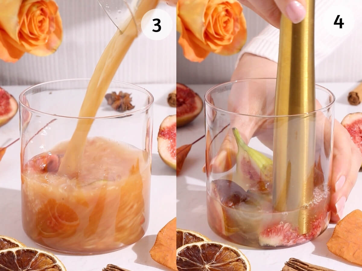 Split image: Left side shows juice being poured into a glass with citrus slices; right side shows a hand using a gold muddler to crush fruit in a similar glass. Both glasses are surrounded by dried citrus and an orange rose.