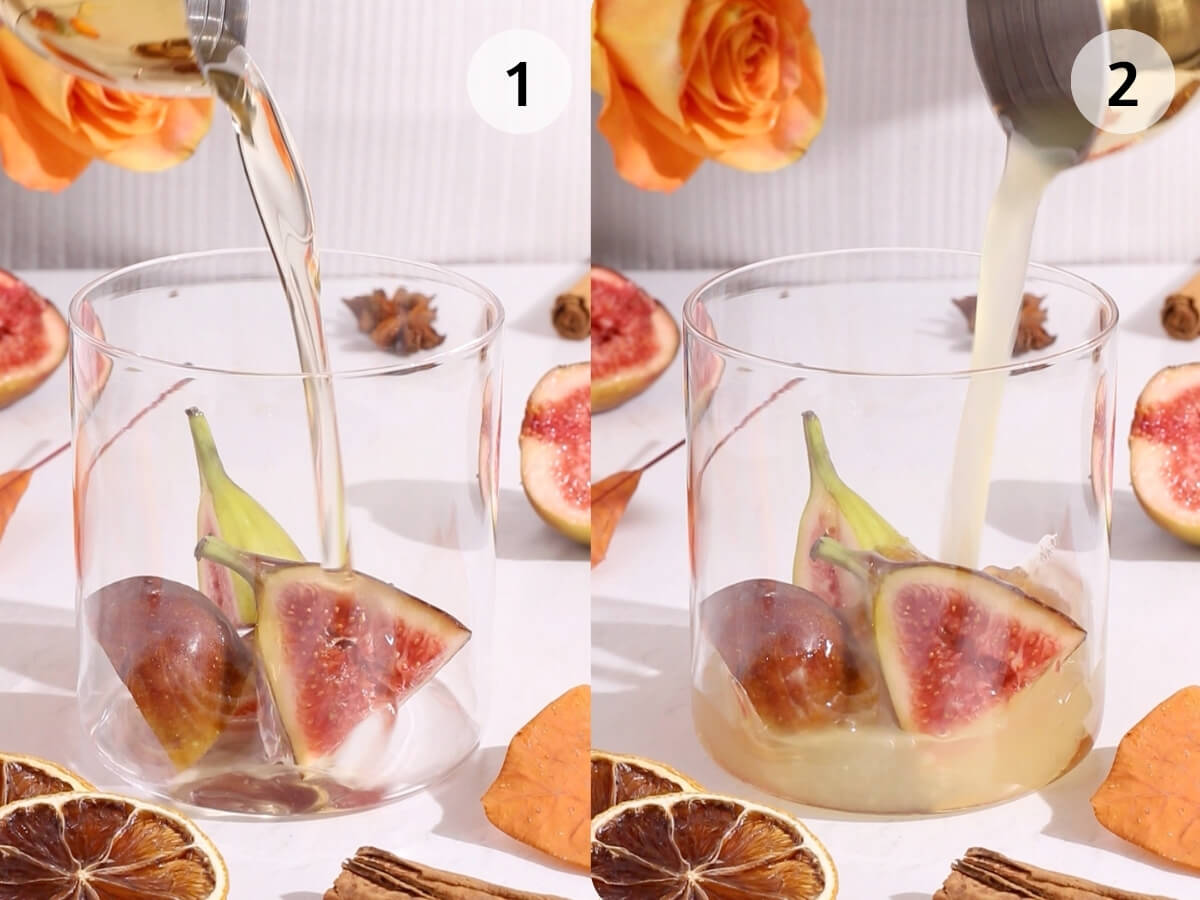 Side-by-side images showing a glass with fresh figs inside; in the first, clear liquid is being poured in, and in the second, creamy liquid is poured. Surrounding the glass are dried citrus, cinnamon sticks, and orange roses.
