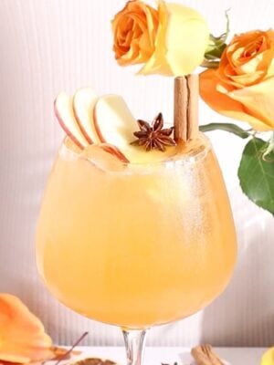 A glass of orange-colored cocktail garnished with apple slices, a cinnamon stick, and star anise, sits in front of orange roses with flower petals scattered around.