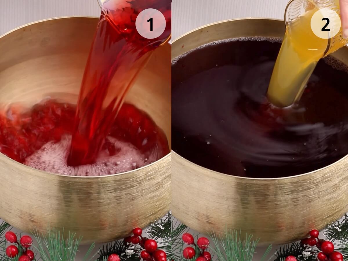 Split image showing two steps of making a cranberry punch: Step 1 - cranberry juice is poured into a large gold bowl; Step 2 - orange juice is added to the bowl with dark liquid, surrounded by festive greenery and berries.
