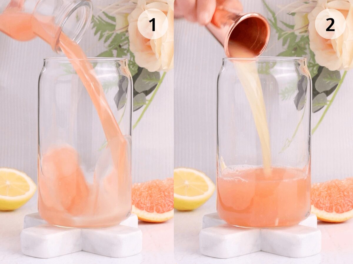 Side-by-side images show a glass with ice being filled with pink juice and another with pink juice being topped with a yellow liquid—grapefruit, lemon, flowers, and a vibrant grapefruit mocktail create a fresh background scene.