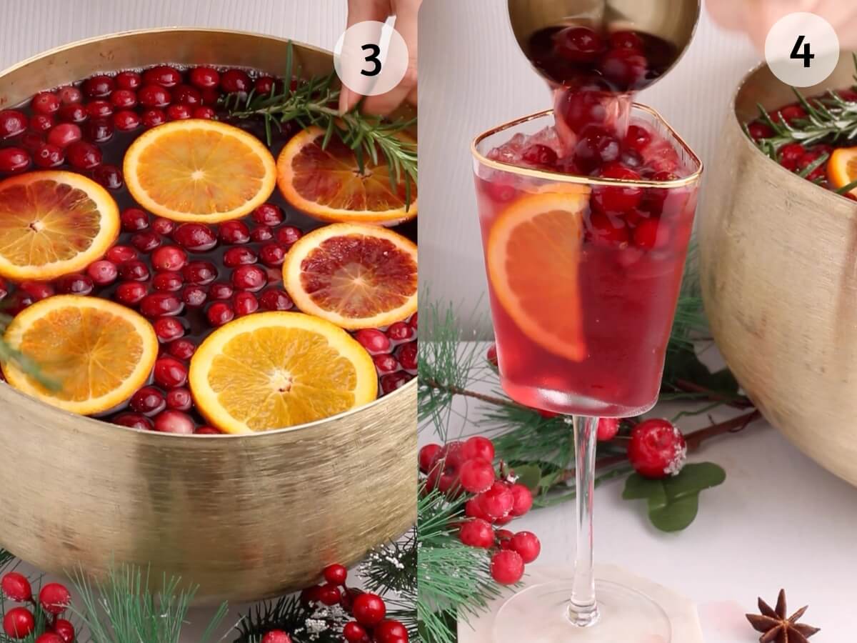 A gold punch bowl filled with a festive drink, garnished with orange slices, cranberries, and rosemary. Beside it, a glass is being filled with the punch, surrounded by holiday greenery and berries.