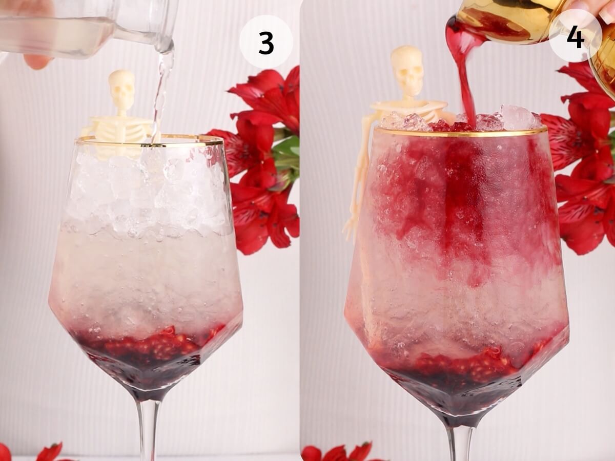 Two wine glasses with crushed ice and a dark syrup at the bottom. In step 3, clear liquid is being poured in; in step 4, red liquid is added. A small plastic skeleton decorates each glass, with red flowers in the background.