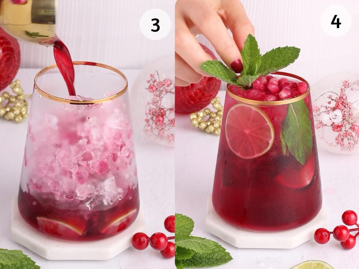 Side-by-side images: Left shows a red drink being poured over ice, lime slices, mint, and red berries in a glass. Right shows a hand placing mint leaves on a finished drink garnished with lime, mint, and pomegranate seeds.