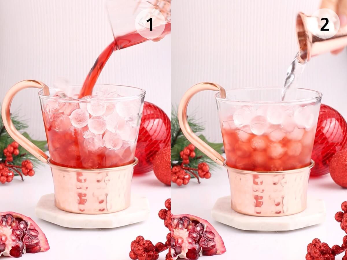 Side-by-side images: 1) Red liquid being poured over ice in a glass mug; 2) Clear liquid being added. The mug sits on a marble coaster with festive red decorations and pomegranate pieces around it.