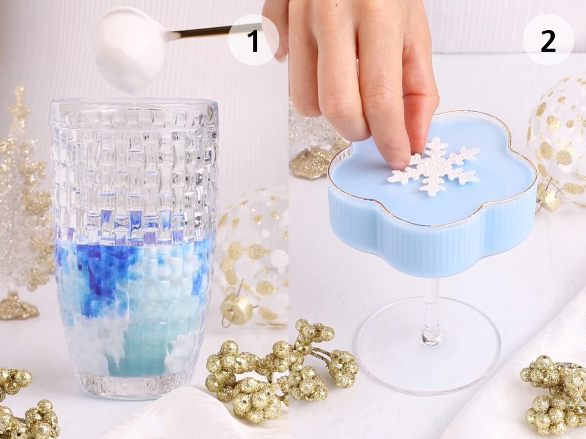 Split image; left: a spoon adds white foam to a textured glass with blue and white mixed liquid. Right: a hand places a snowflake decoration onto a pale blue drink in a decorative stemmed glass. Gold winter decor is in the background.