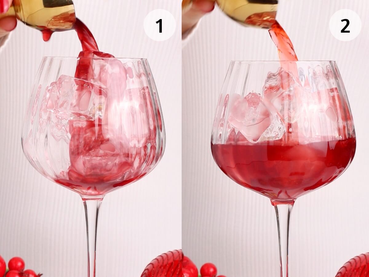 Two side-by-side images of a large wine glass filled with ice cubes as red liquid is poured in. The left image shows the glass partly filled, and the right image shows it nearly full. Each image is labeled with a number.