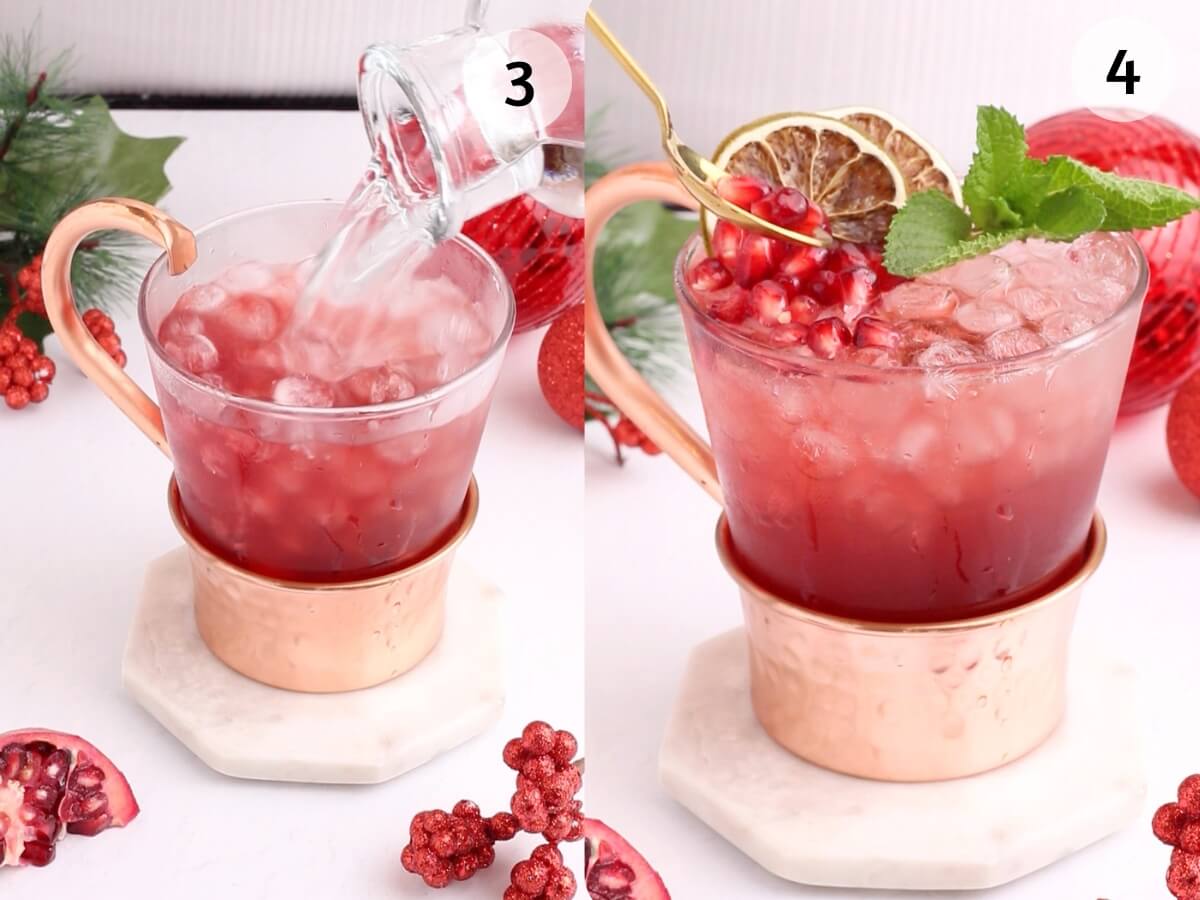 Two side-by-side images: the left shows liquid being poured into a copper cup filled with ice and red juice; the right shows the finished drink garnished with pomegranate seeds, mint, and a dried citrus slice.