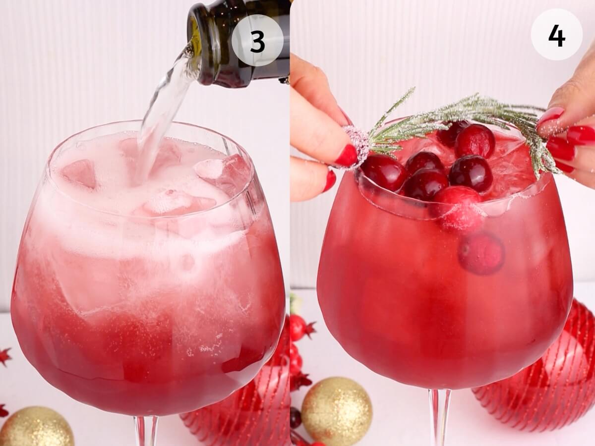 Split image showing a festive red cocktail in a large glass. Left: Sparkling drink is poured over ice and cranberries. Right: Glass is garnished with cranberries and a sugared herb sprig, with holiday ornaments in the background.