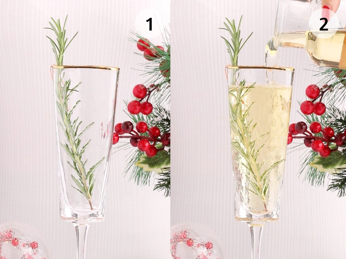 Side-by-side images: left, an empty champagne flute with a rosemary sprig inside; right, the same glass with white wine or non-alcoholic champagne being poured in, with holiday greenery and red berries in the background.