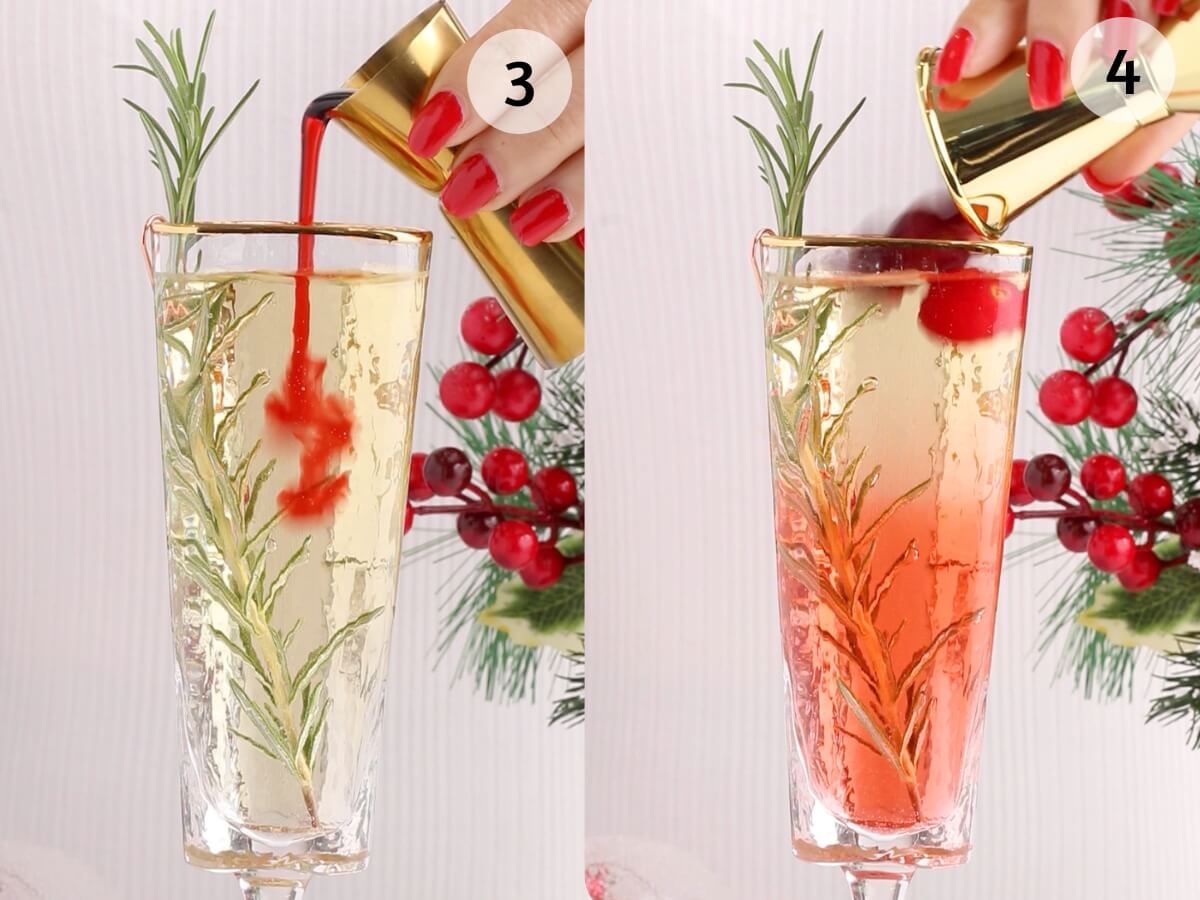 A hand pours red liquid from a gold jigger into a tall glass with a rosemary sprig, changing the drink from clear to red. Red berries and greenery are in the background. The images are labeled 3 and 4.