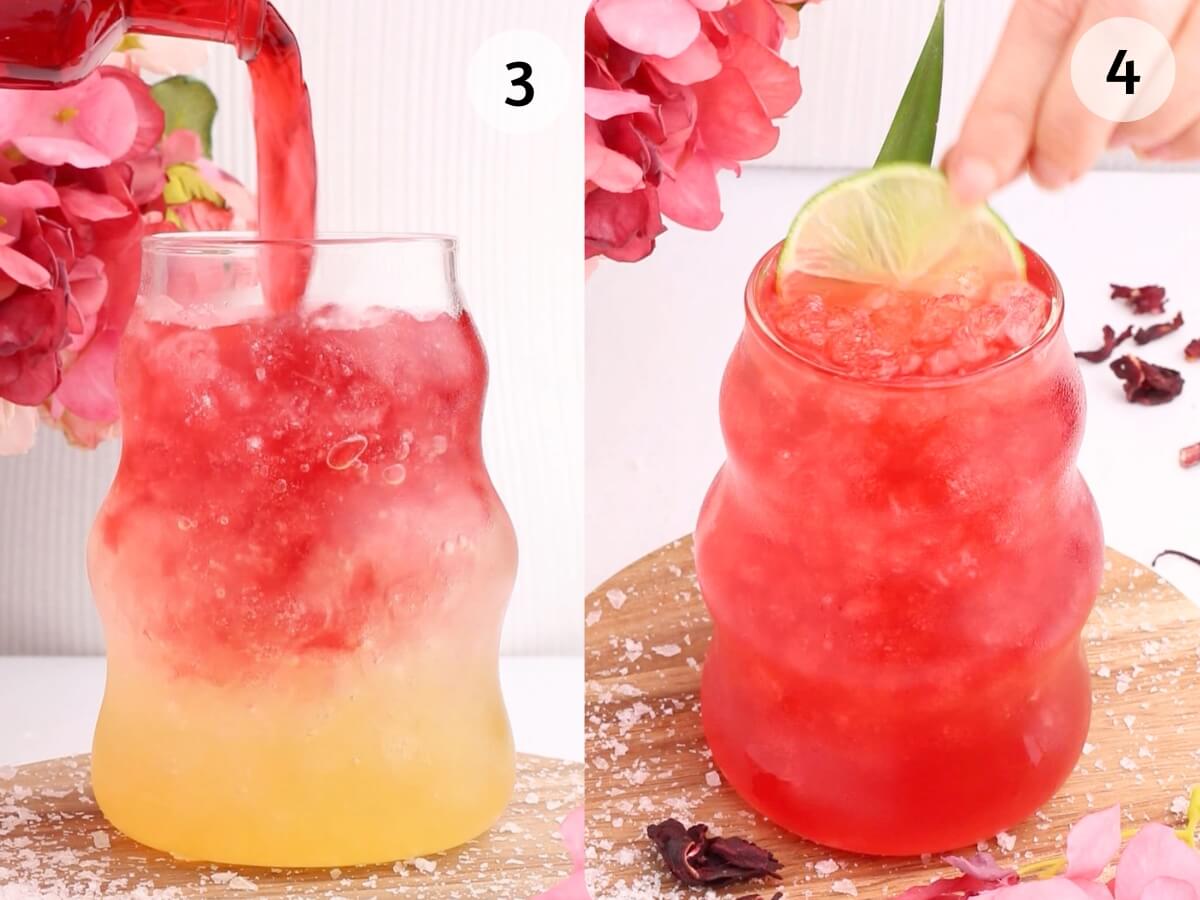 Side-by-side images: Leftโred liquid being poured into a glass with yellow juice and ice (labeled 3); Rightโa hand places a lime slice on a red drink in a curvy glass with crushed ice (labeled 4). Pink flowers are in the background.