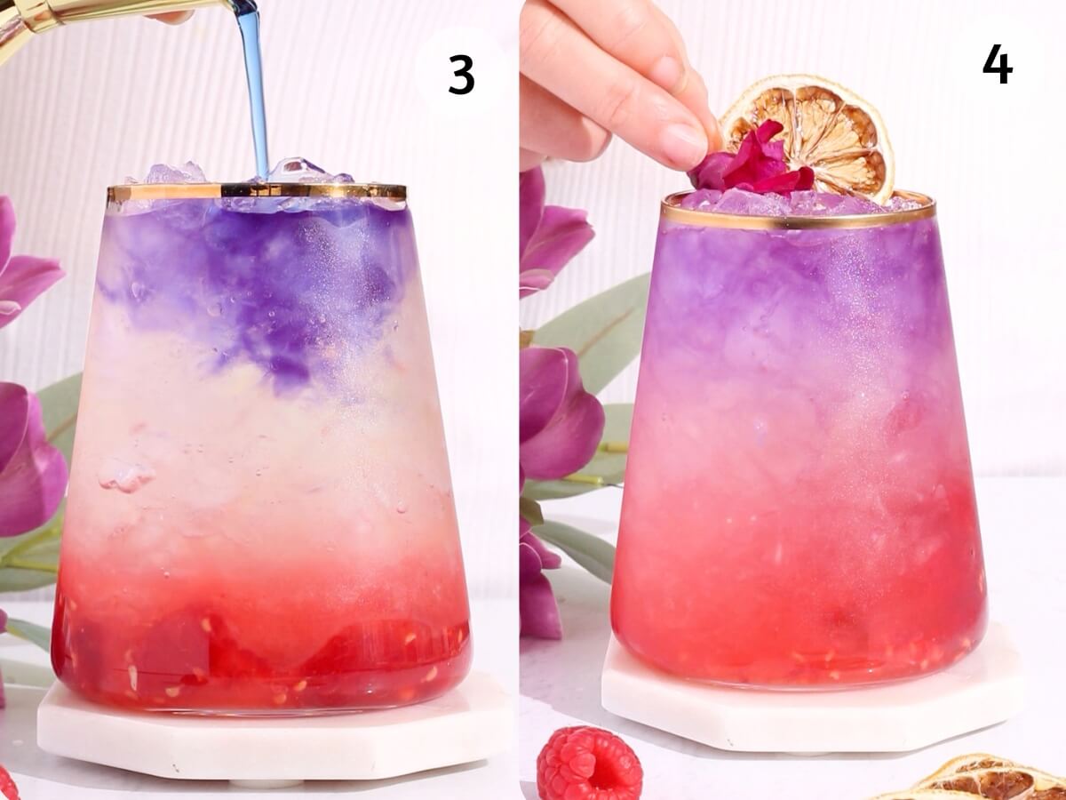Two images show a layered drink in a clear glass with purple, pink, and red colors. The left image has blue liquid being poured; the right shows a hand adding a dried orange slice and pink flower as garnish.