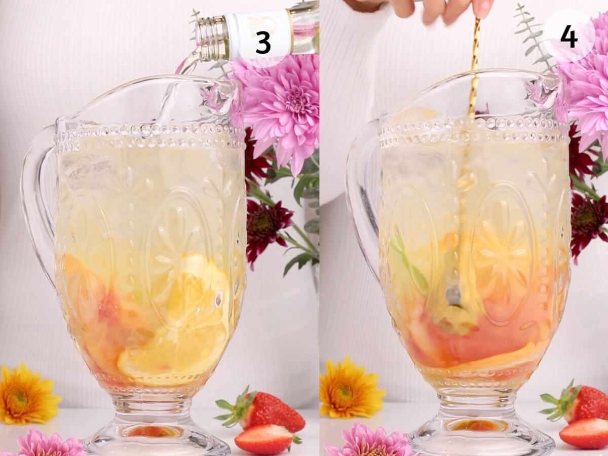 A glass pitcher filled with sliced citrus fruits and strawberries; in step 3, a liquid is being poured in, and in step 4, the mixture is being stirred with a spoon. Bright flowers are in the background.