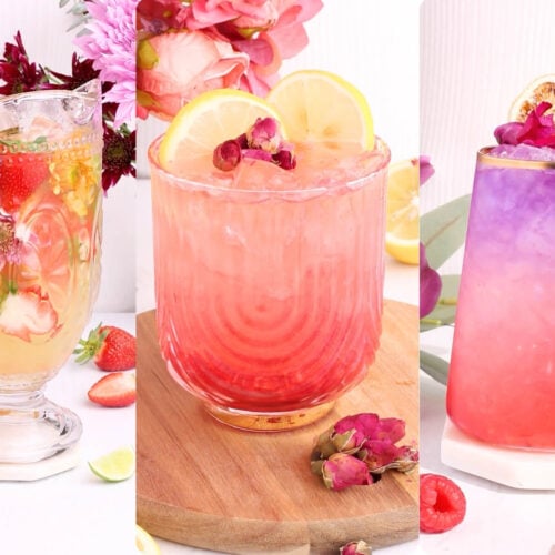 Three colorful, floral-mocktails drinks in decorative glasses, garnished with flowers, lemon slices, and fruit, displayed against a light background with scattered flowers and fruit for a bright, fresh presentation.