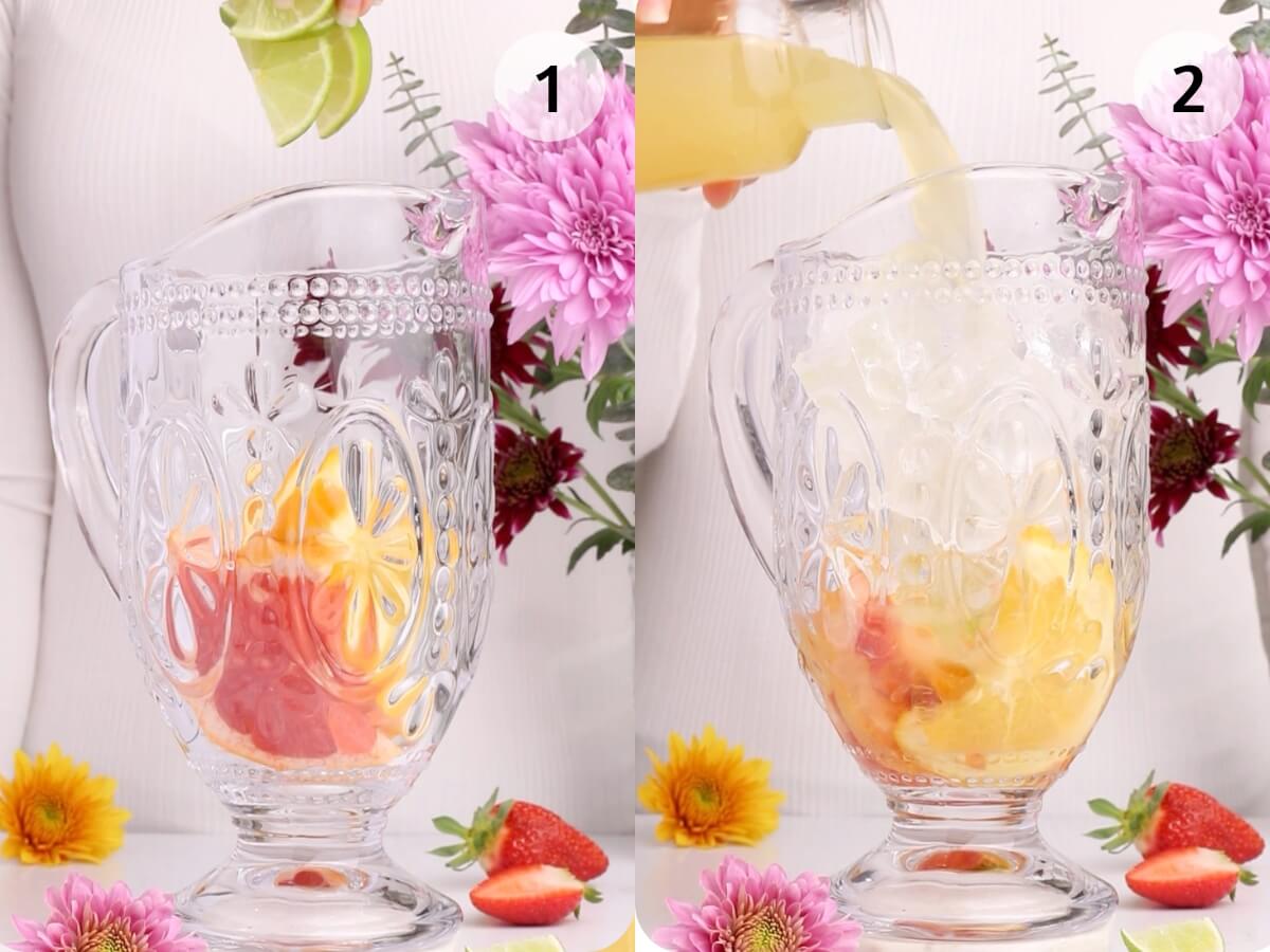 A two-panel image showing a person making a drink with a clear glass pitcher. Panel 1: Lime slices being squeezed over fruit and ice in the pitcher. Panel 2: Juice being poured over the mixture. Bright flowers decorate the scene.