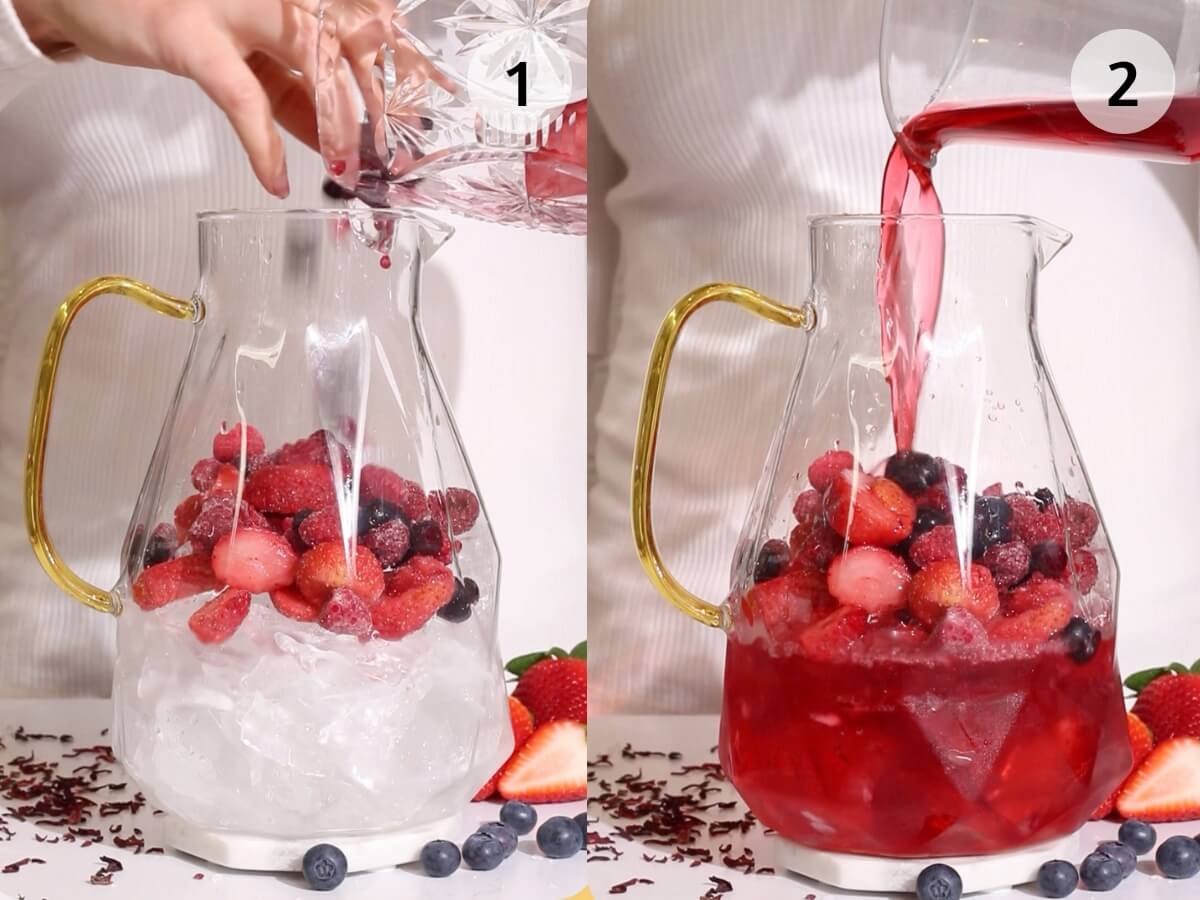 Side-by-side images show a glass pitcher with ice and mixed berries. In the first image, berries are being added. In the second image, red liquid is being poured over the berries and ice. Strawberries and blueberries are nearby.