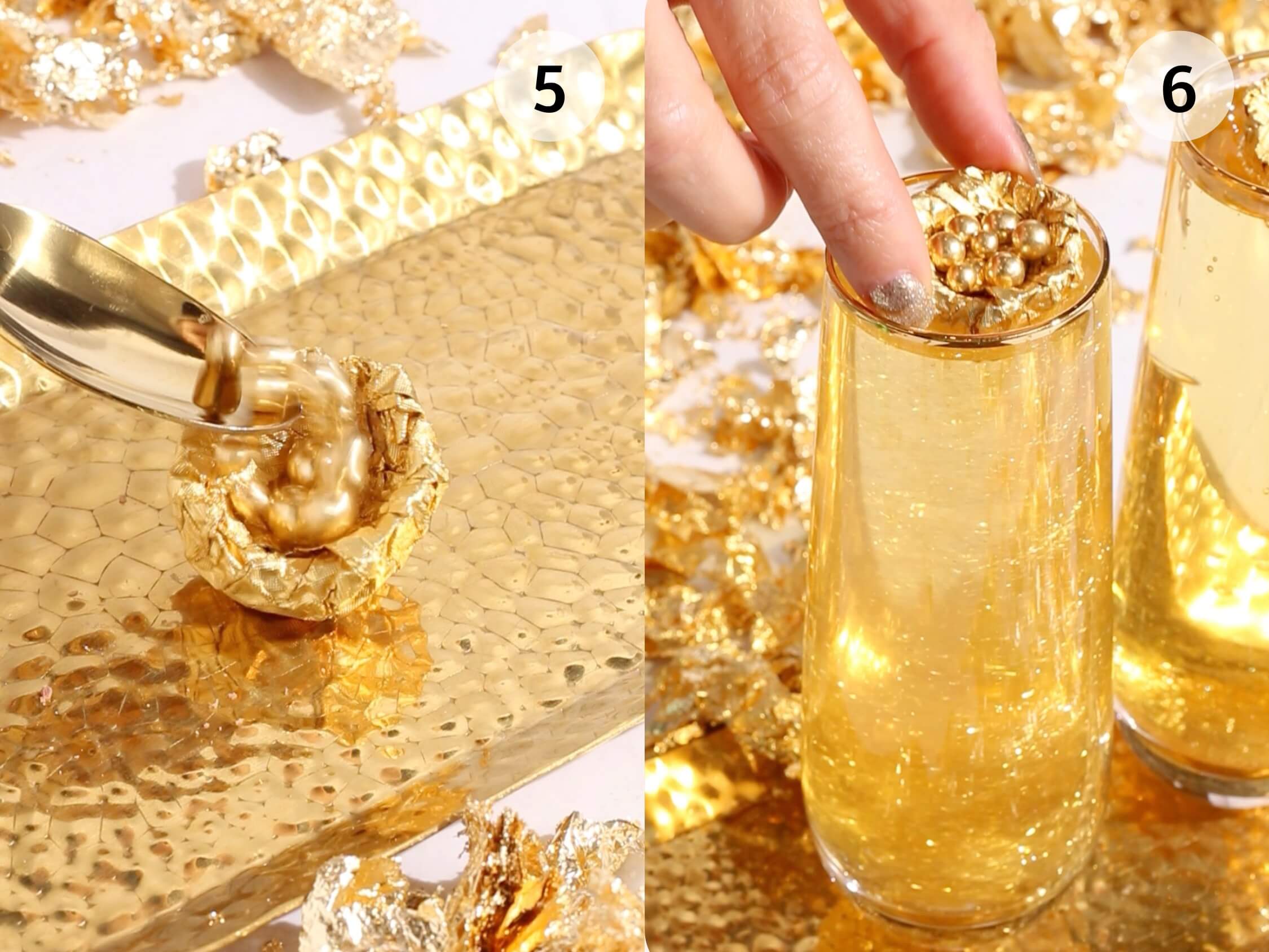 Two images: On the left, a spoon fills a gold foil-wrapped treat on a gold tray. On the right, a hand drops the treat into a sparkling gold drink in a glass, surrounded by gold foil decorations. Numbers 5 and 6 label each image.