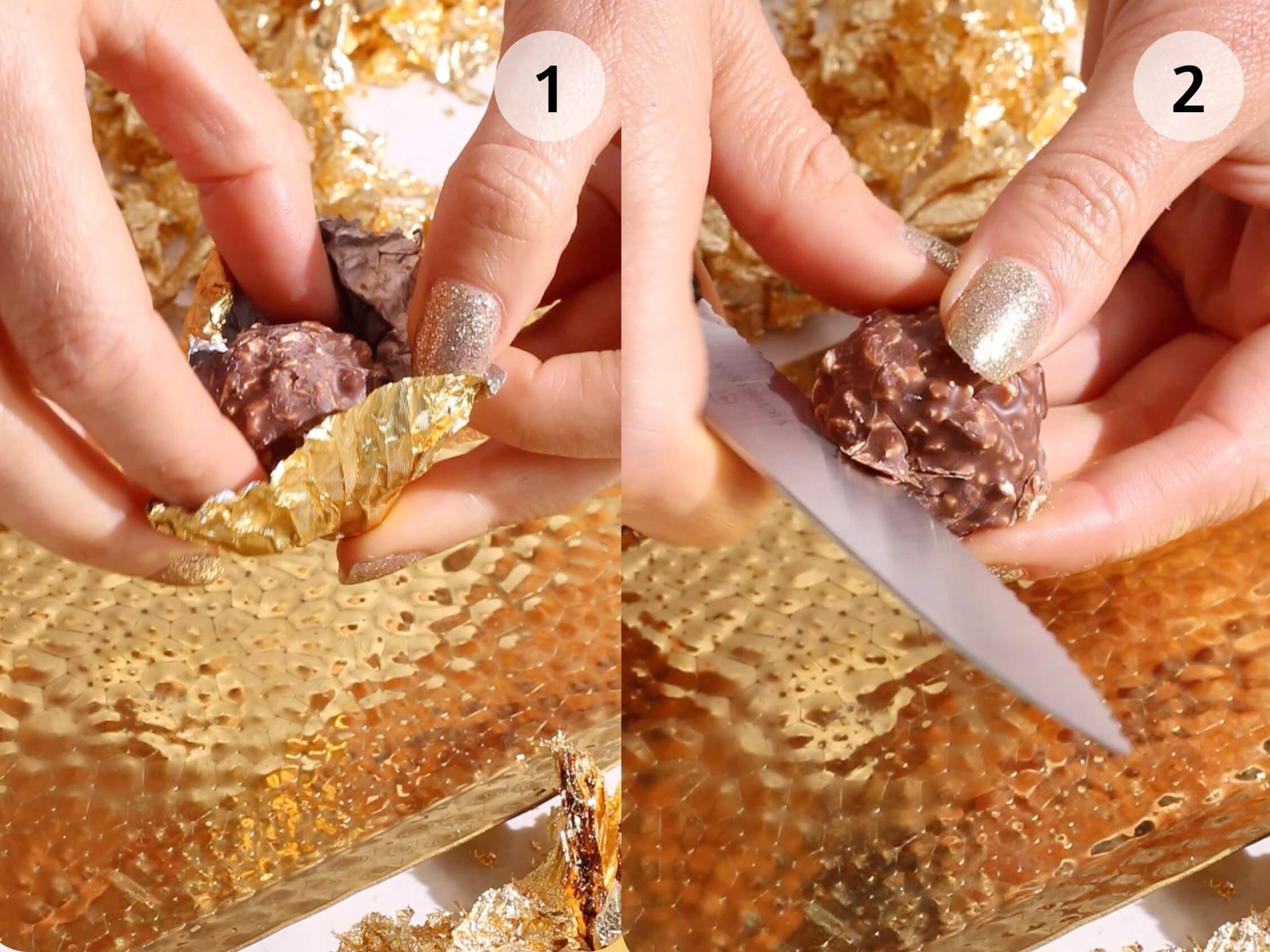 Two images side by side: In image 1, hands with glittery nails unwrap a Ferrero Rocher chocolate; in image 2, the same hands use a knife to cut the chocolate in half on a golden textured surface.