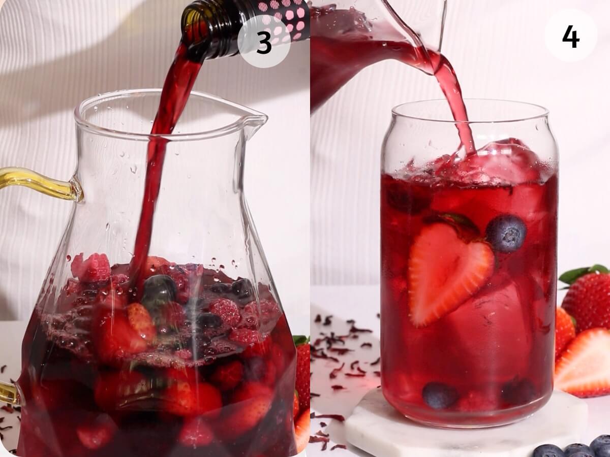 A split image shows red juice being poured into a pitcher with strawberries and blueberries on the left, and the juice being poured into a glass with fruit slices on the right. Both steps are numbered 3 and 4.