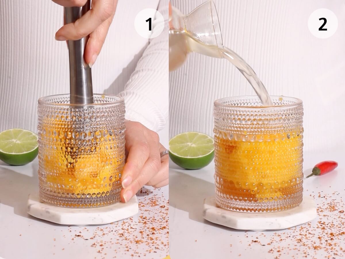 Split image showing two steps of making a drink: 1) A hand uses a muddler in a textured glass with orange ingredients, lime, and chili nearby. 2) Liquid is being poured into the same glass.