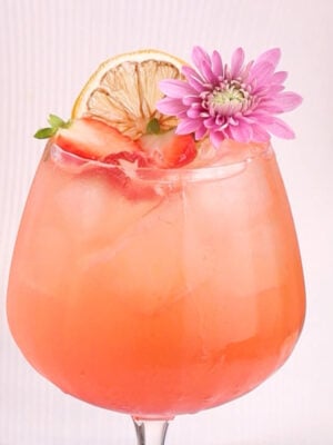 A pink iced mocktail in a stemmed glass, garnished with a dried lemon slice, strawberry slices, and a purple flower, set against a light background.