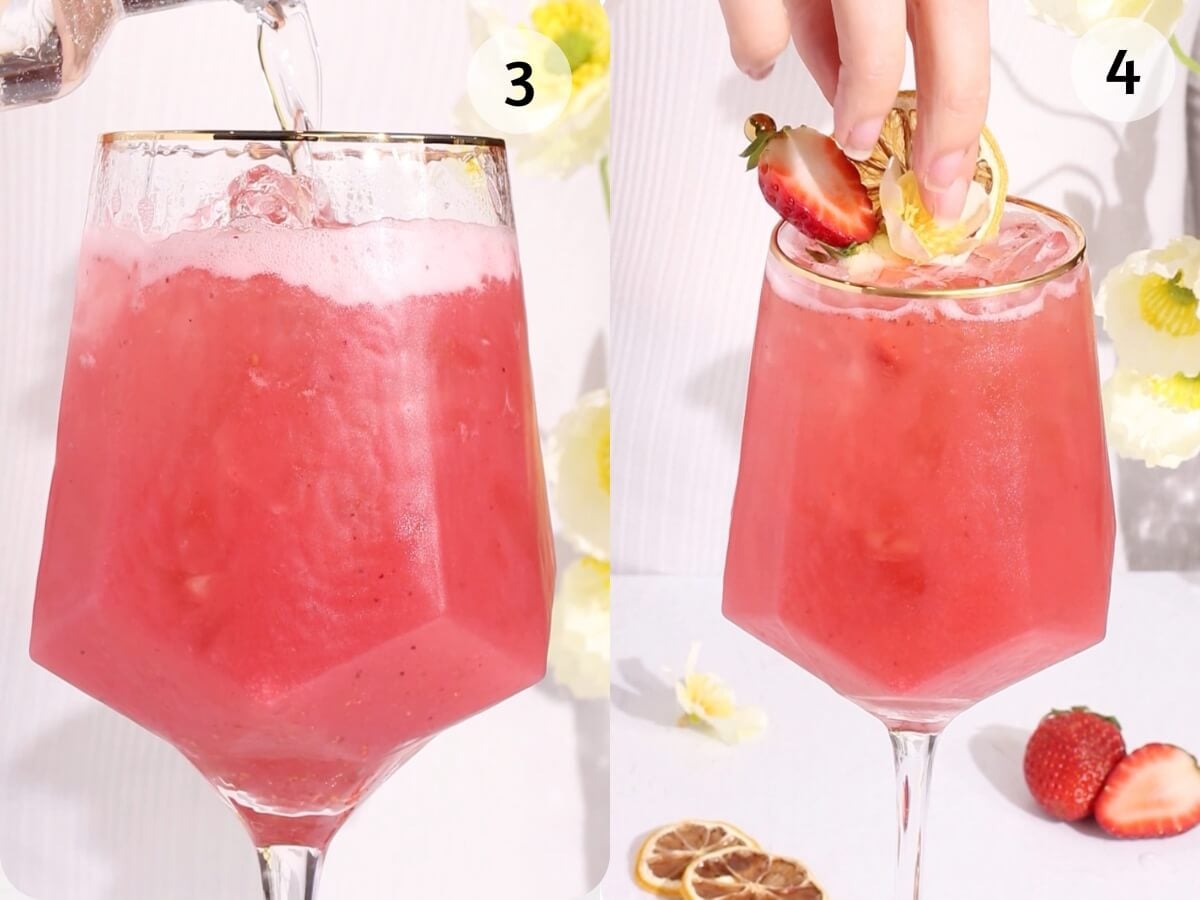 A two-panel image shows a pink drink in a faceted glass; in panel 3, liquid is being poured over ice, and in panel 4, a hand garnishes the drink with sliced lemon and a strawberry. Yellow flowers and fruit are nearby.