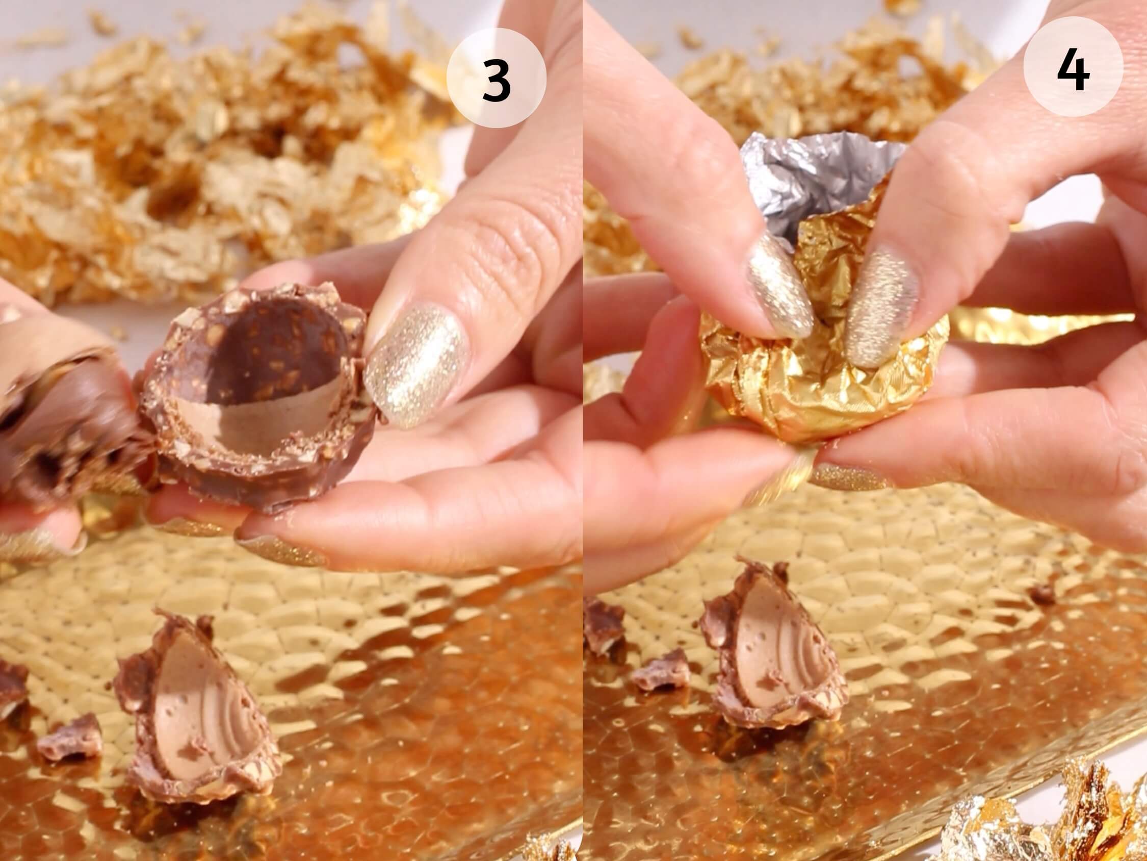 Close-up of hands with gold nail polish opening chocolate truffles on a golden textured surface. One image shows a split truffle, the other shows wrapping gold foil around a truffle. Labeled numbers 3 and 4 are in the top corners.