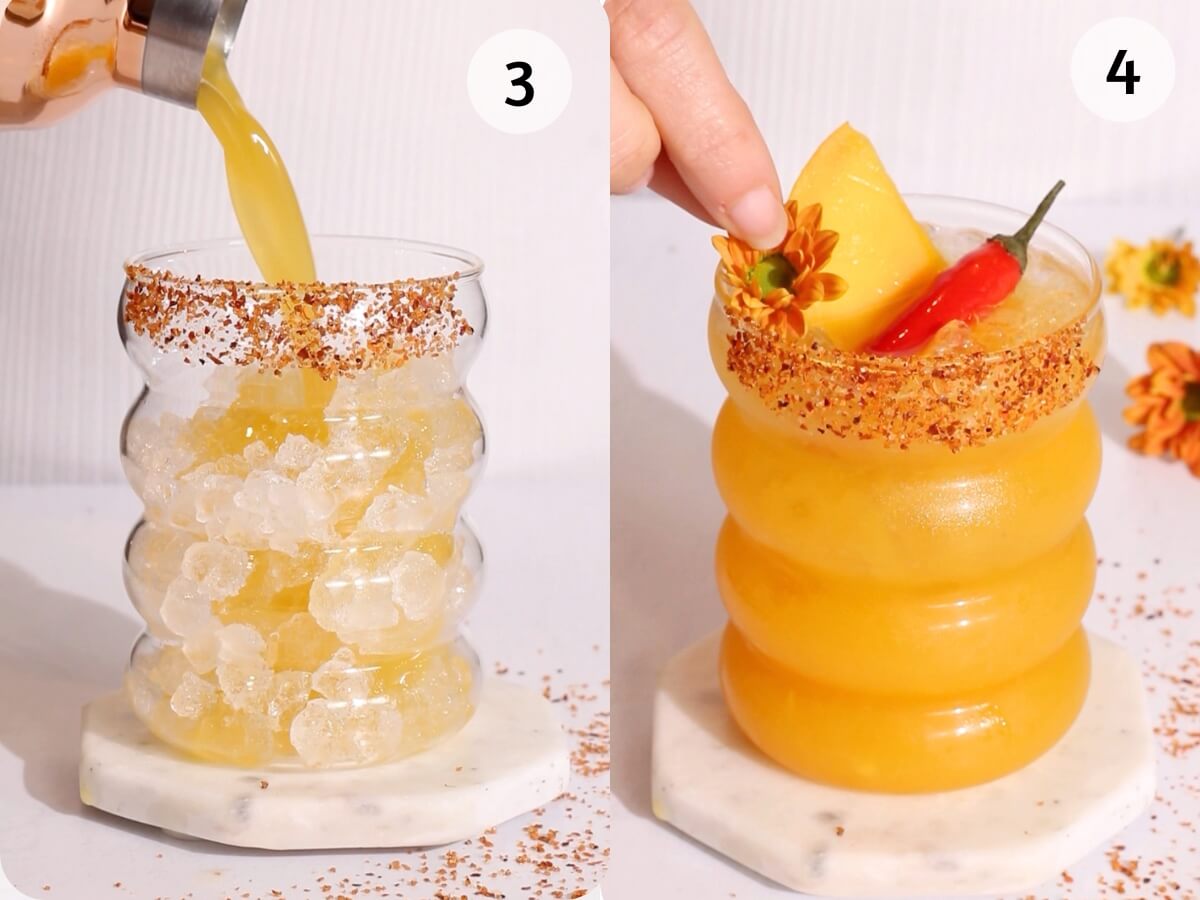 Left: A wavy glass with a chili powder rim is filled with ice and orange liquid being poured in. Right: The filled glass is garnished with a pineapple wedge, red chili, and a small orange flower. Both sit on a white coaster.
