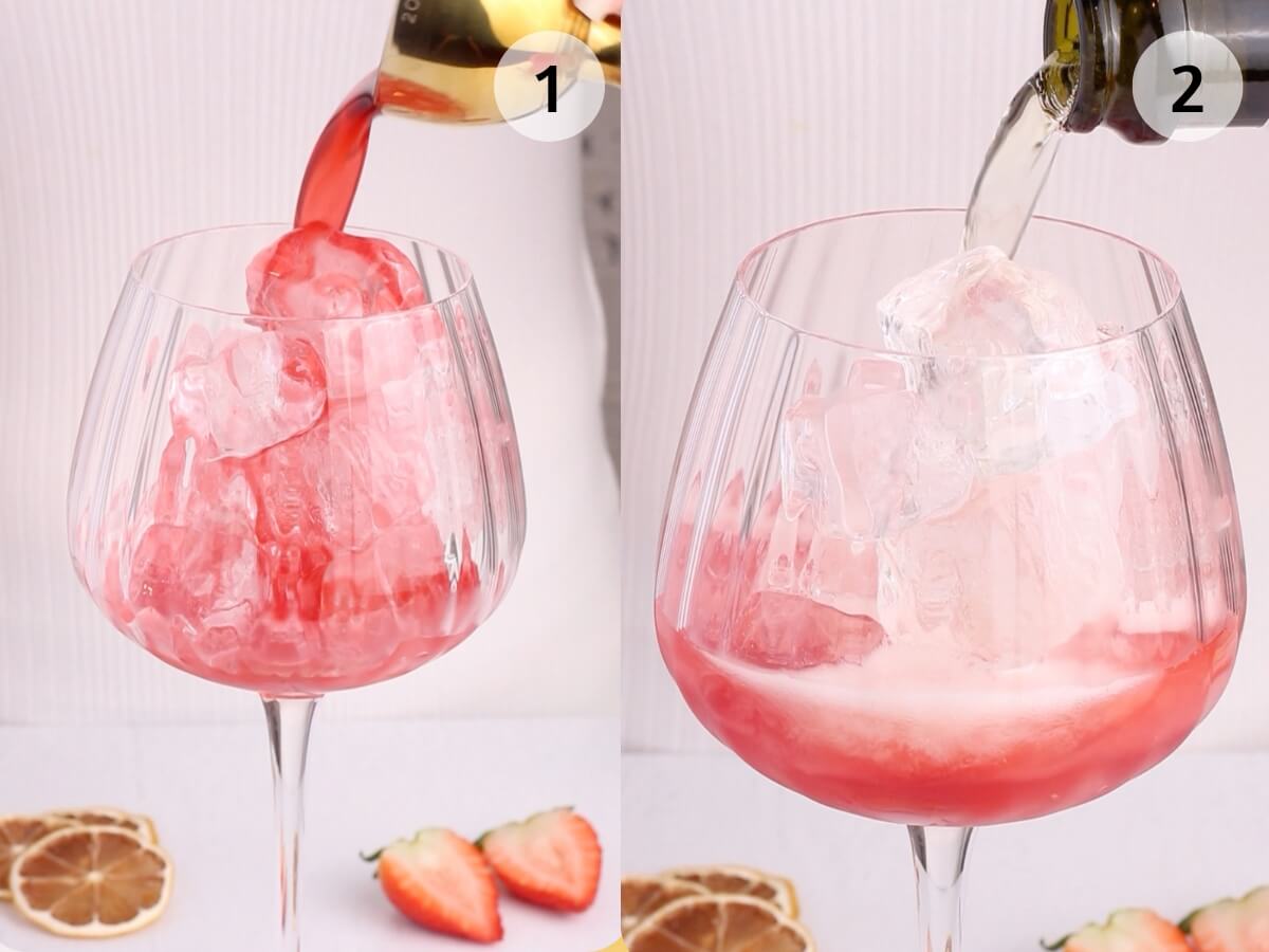 Two side-by-side images show a large glass with ice and a pink liquid being poured in the first image, and a clear sparkling drink poured over the pink mixture in the second. Sliced strawberries and dried citrus are on the table.