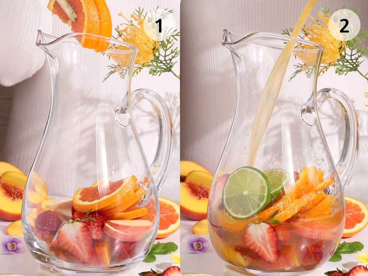 Split image: Left side shows fruit slices (orange, lime, strawberries, peaches) being added to a clear glass pitcher. Right side shows liquid being poured into the same pitcher over the fruit. Both are on a floral tablecloth.