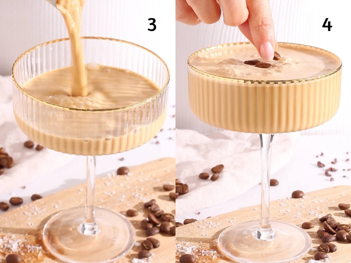 Two side-by-side images show a creamy coffee drink being poured into a glass (left) and a hand placing coffee beans on top of the finished drink (right), with coffee beans scattered on the surface below.