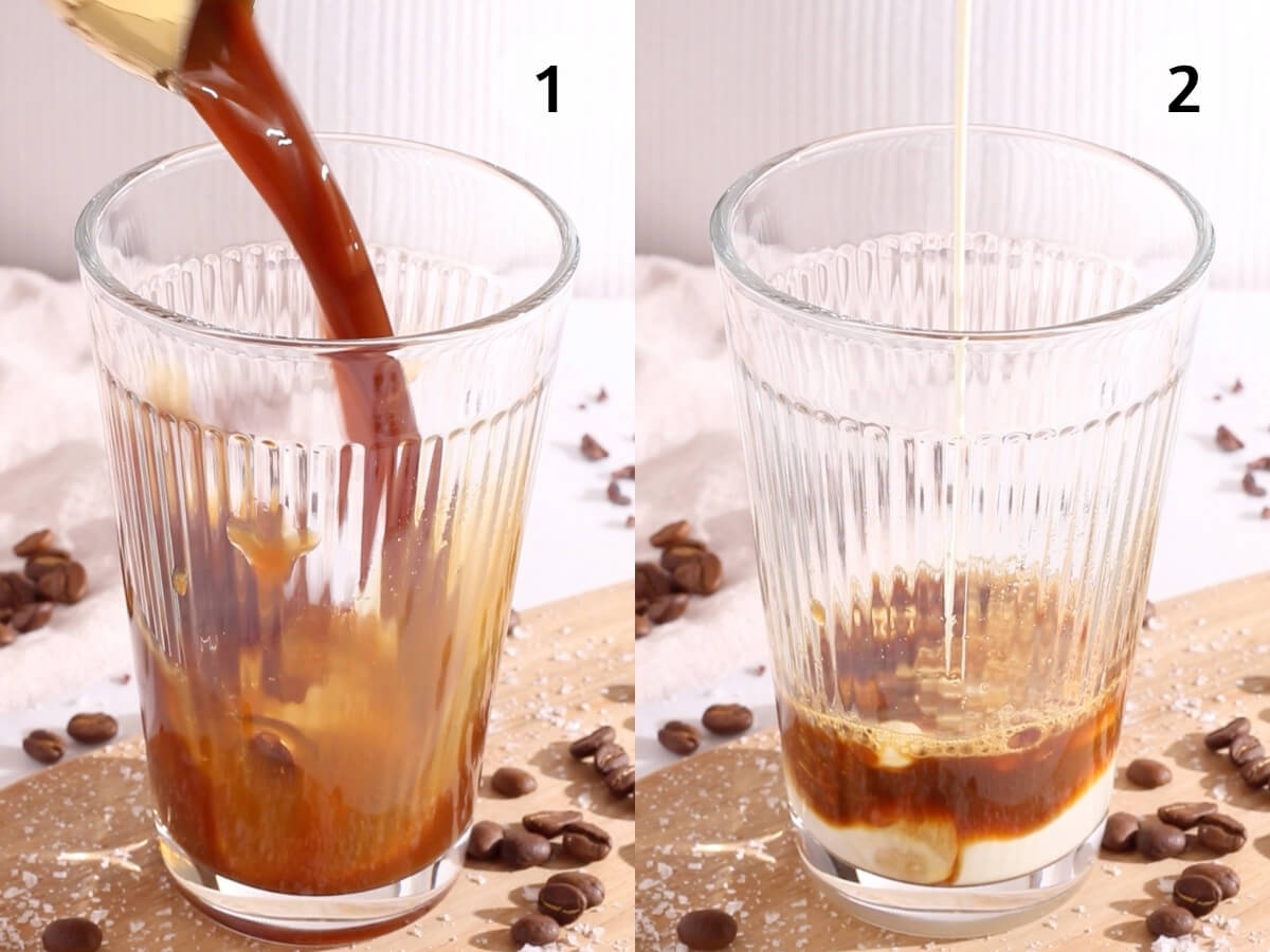 Side-by-side images: left, coffee being poured into a glass with ice; right, milk being added to the coffee. Coffee beans and a white cloth are scattered on the wooden surface. Both glasses are clear and textured.