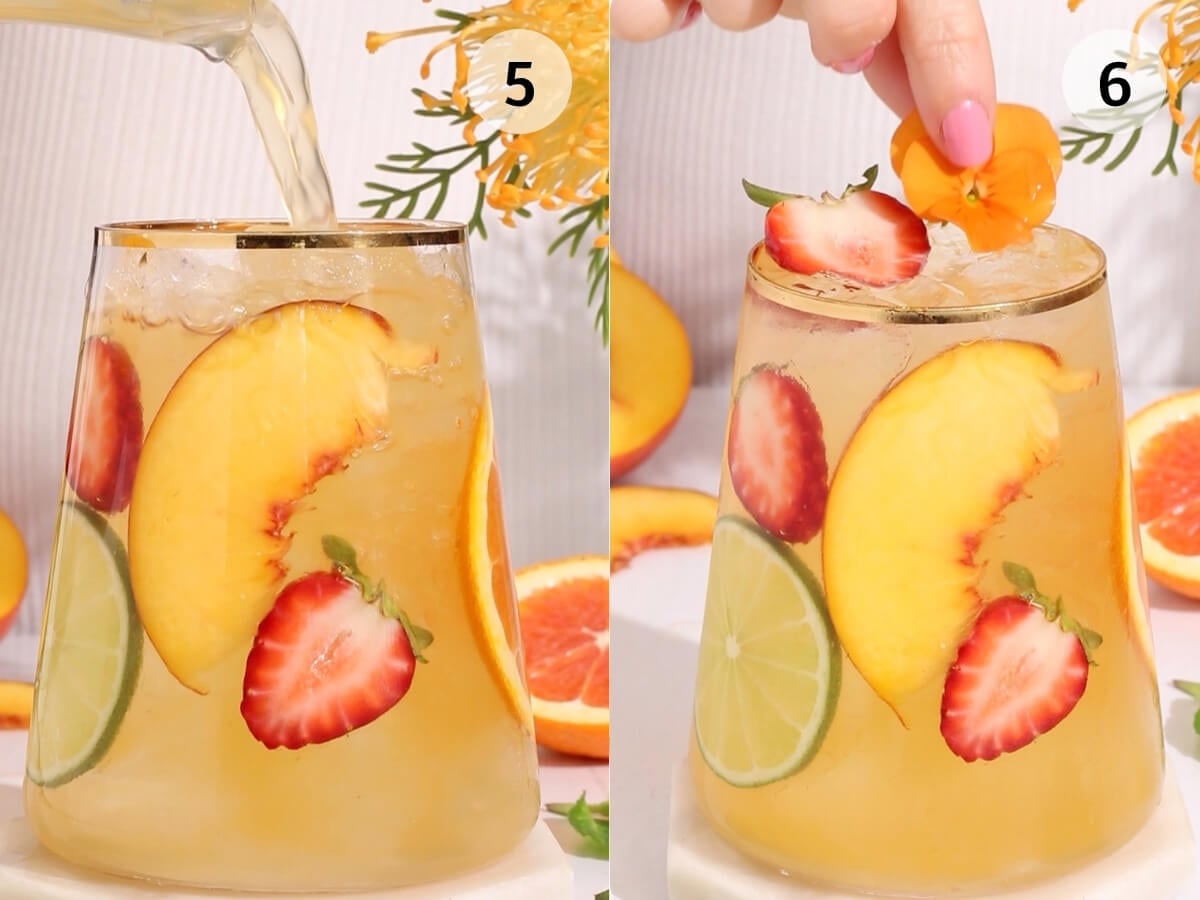 Two-panel image: Left, iced tea is poured into a glass with peach, strawberry, and lime slices. Right, a hand garnishes the filled glass with an orange flower, with fruit and leaves visible in the background.