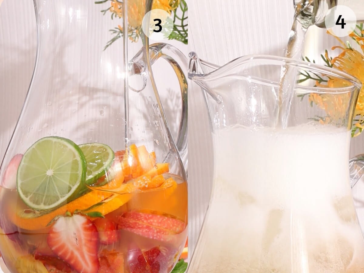 Two glass pitchers: the left one filled with sliced strawberries, lime, and orange; the right one being filled with a fizzy liquid, creating foam. Both are set against a white background with yellow flowers.