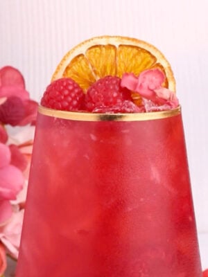 A vibrant red drink in a tall glass with gold rim, garnished with fresh raspberries, a dried orange slice, and ice. Pink flowers and raspberries are visible beside the glass.