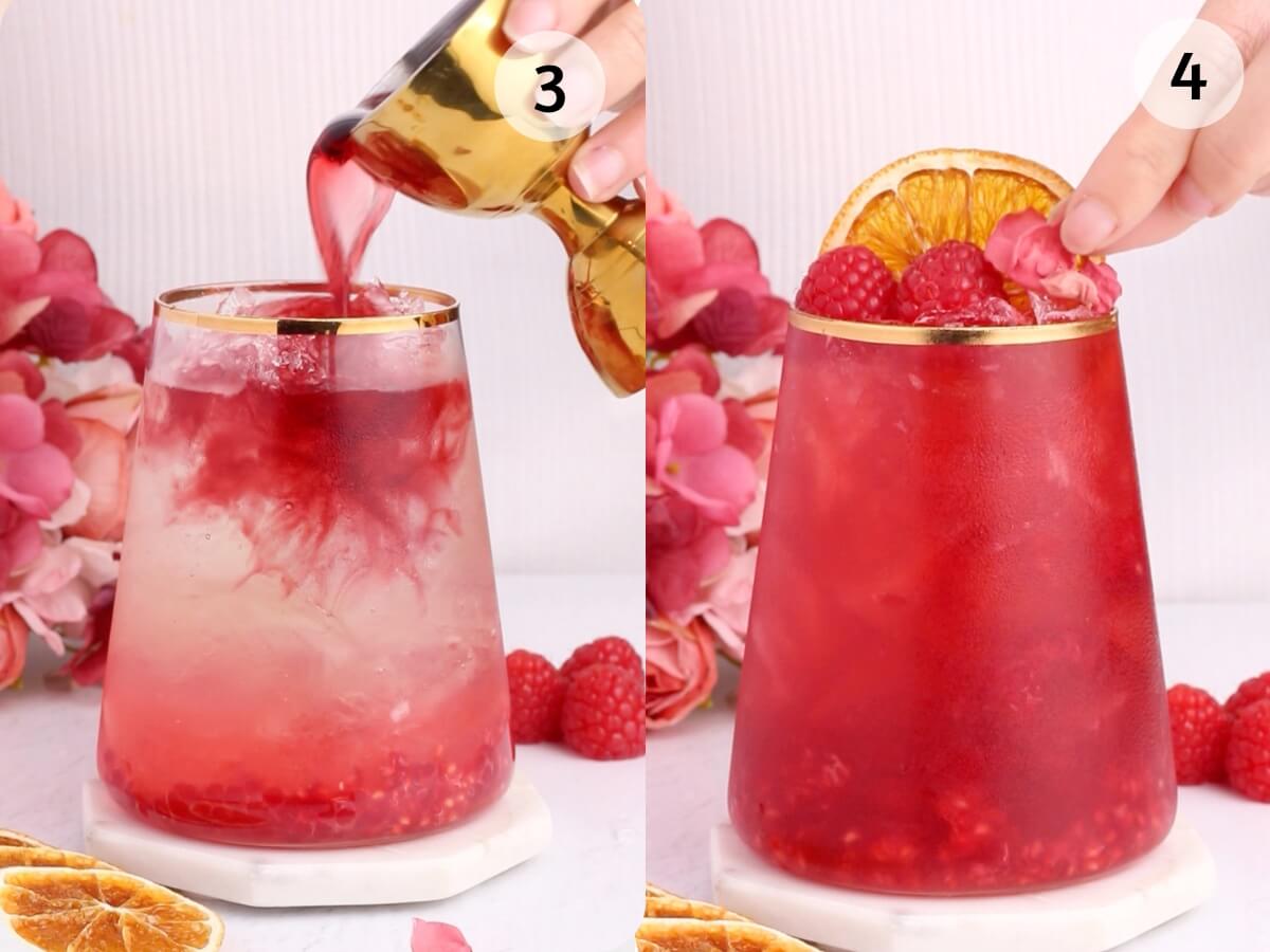 A two-panel image: on the left, red liquid is being poured into a glass of clear sparkling drink with raspberries; on the right, a hand adds dried orange and raspberries to the finished red drink, which is surrounded by pink flowers.