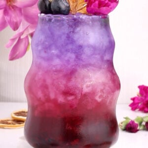 A colorful drink with layers of deep red and purple, topped with crushed ice, blueberries, a dried citrus slice, and a pink flower, served in a wavy glass. Pink flowers and dried citrus slices are in the background.