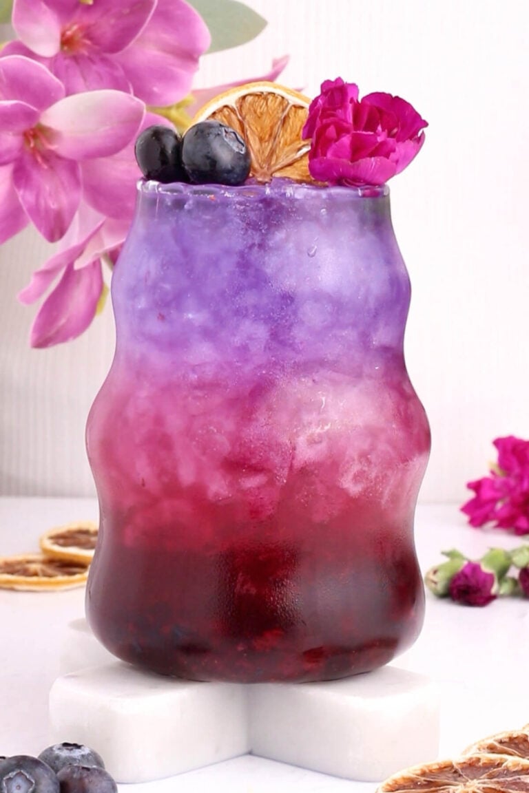 A colorful drink with layers of deep red and purple, topped with crushed ice, blueberries, a dried citrus slice, and a pink flower, served in a wavy glass. Pink flowers and dried citrus slices are in the background.