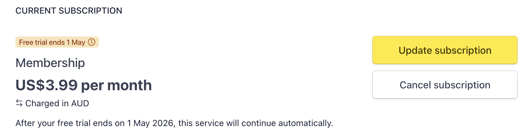 A subscription page showing a $3.99 USD monthly membership, charged in AUD. A notice says the free trial ends 1 May; buttons for Update subscription and Cancel subscription are visible.