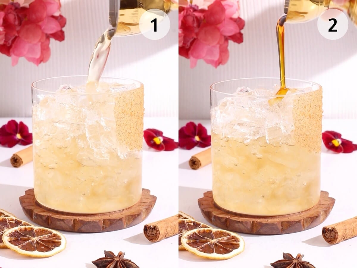 Side-by-side images of a mocktail glass with ice; in image 1, a light liquid is being poured in, and in image 2, a dark liquid is added. The glass sits on a coaster, decorated with dried citrus, cinnamon sticks, and flowers.